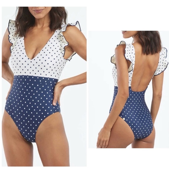 summersalt Other - Summersalt The Ruffle Backflip One Piece Swimsuit Square Dot Blue Ivory Size 4
